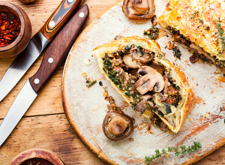 Tasty,Mushroom,Pie,Or,Wellington,Mushroom,On,Old,Wooden,Table.english Mobile